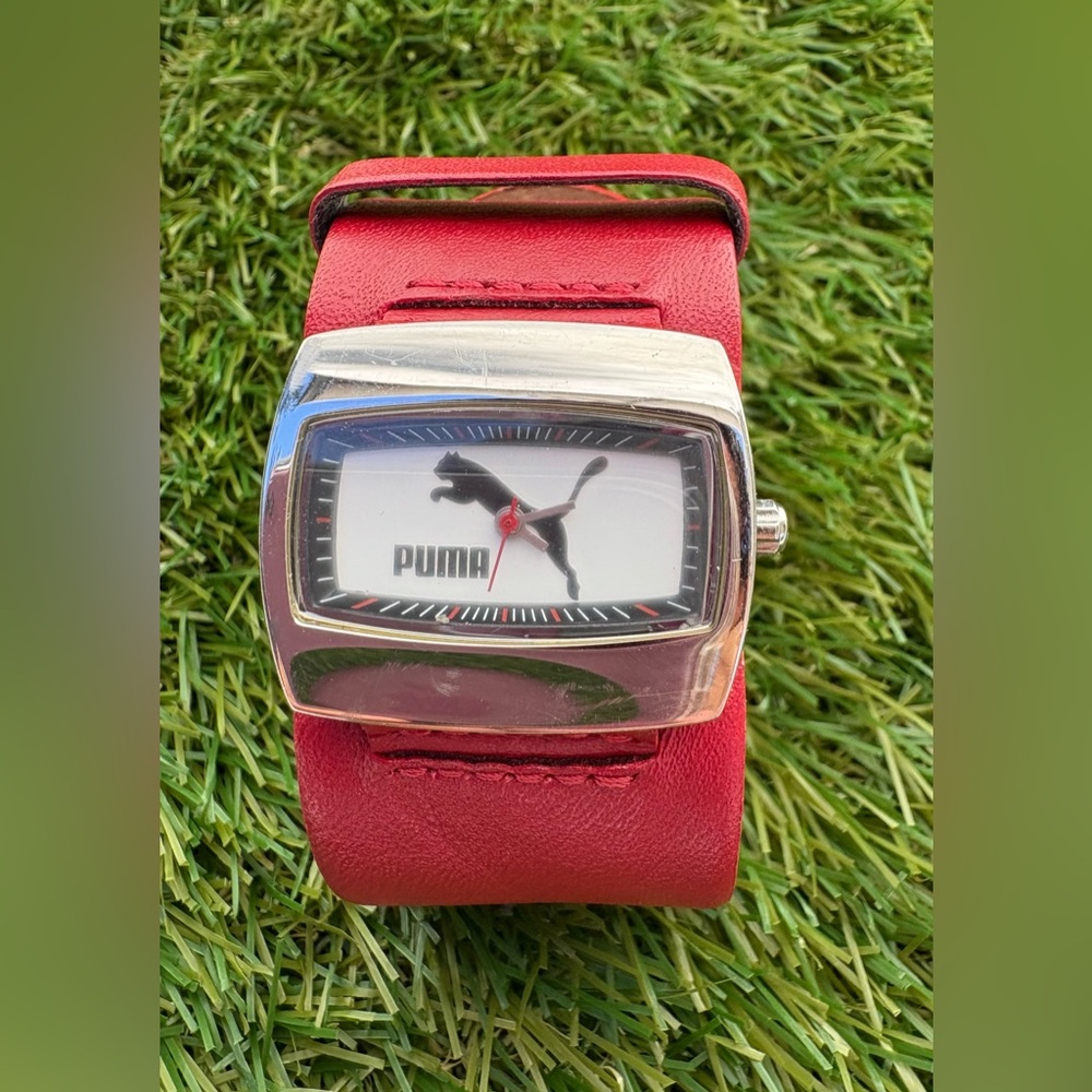 Vintage Puma Red Leather Watch with Silver Case